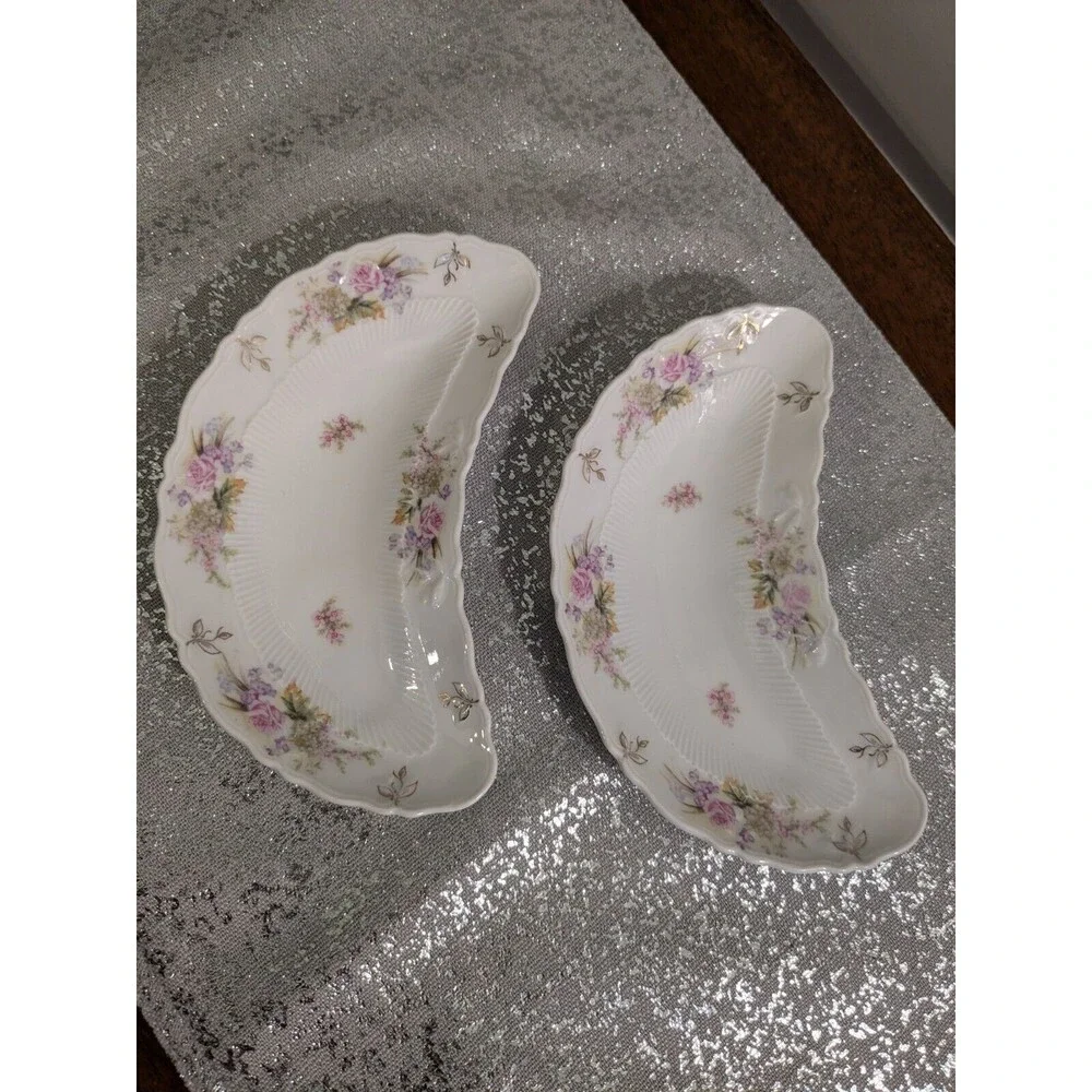 C.T. Carl Tielsch Flower Porcelain 2 Fish Bone Plates 1800-1900 Germany Antique